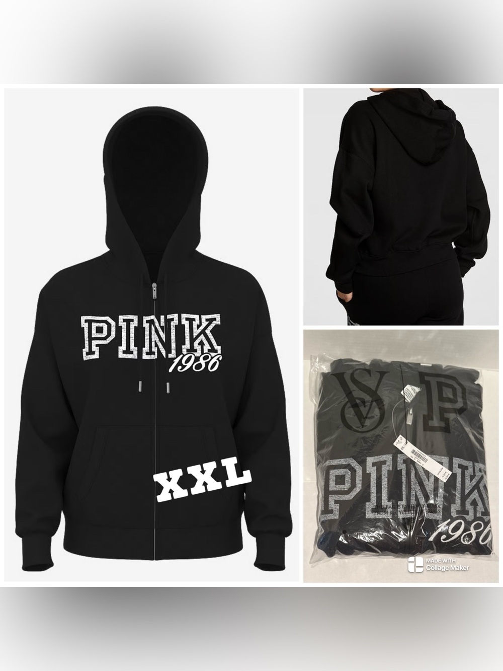 VS PINK NWT Pure Black Spring Campus Fleece Full-Zip Hoodie